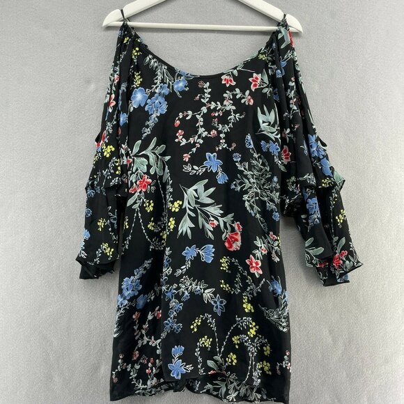 Parker 100% Silk Floral Agave Dress Womens XS Beach Boho Cold Shoulder Ruffle - Picture 2 of 10